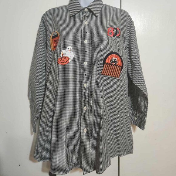M Mili Designs Black & White Gingham Check Button Up Halloween Applique Shirt - Picture 1 of 8